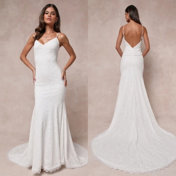 Lulu's Flawless Extravagance White Lace Trumpet Hem Maxi Dress Wedding Bride - Picture 1 of 12